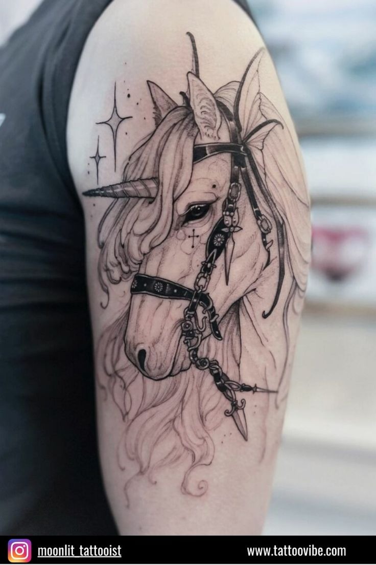Detailed Illustrative Unicorn Arm Tattoo