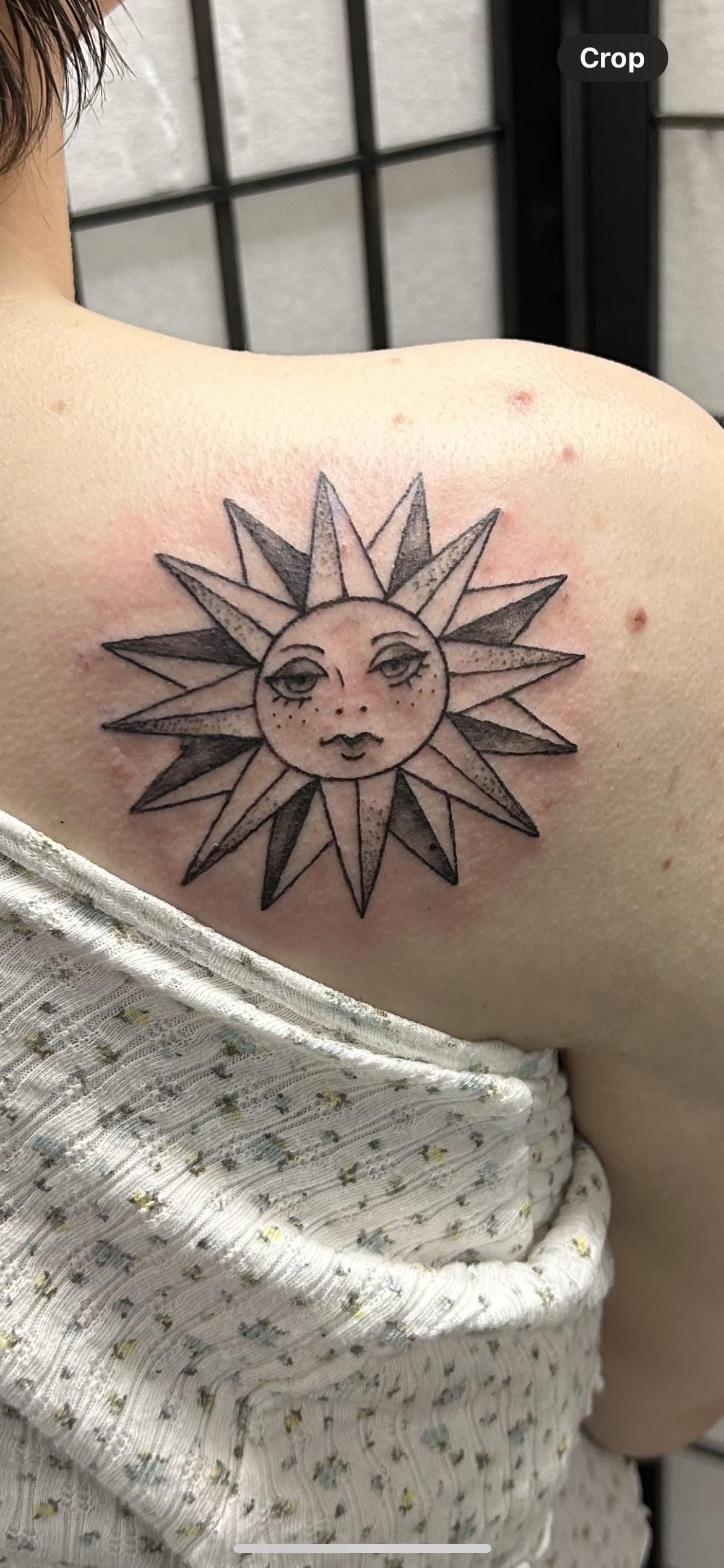 Boho Style Celestial Sun Shoulder Tattoo