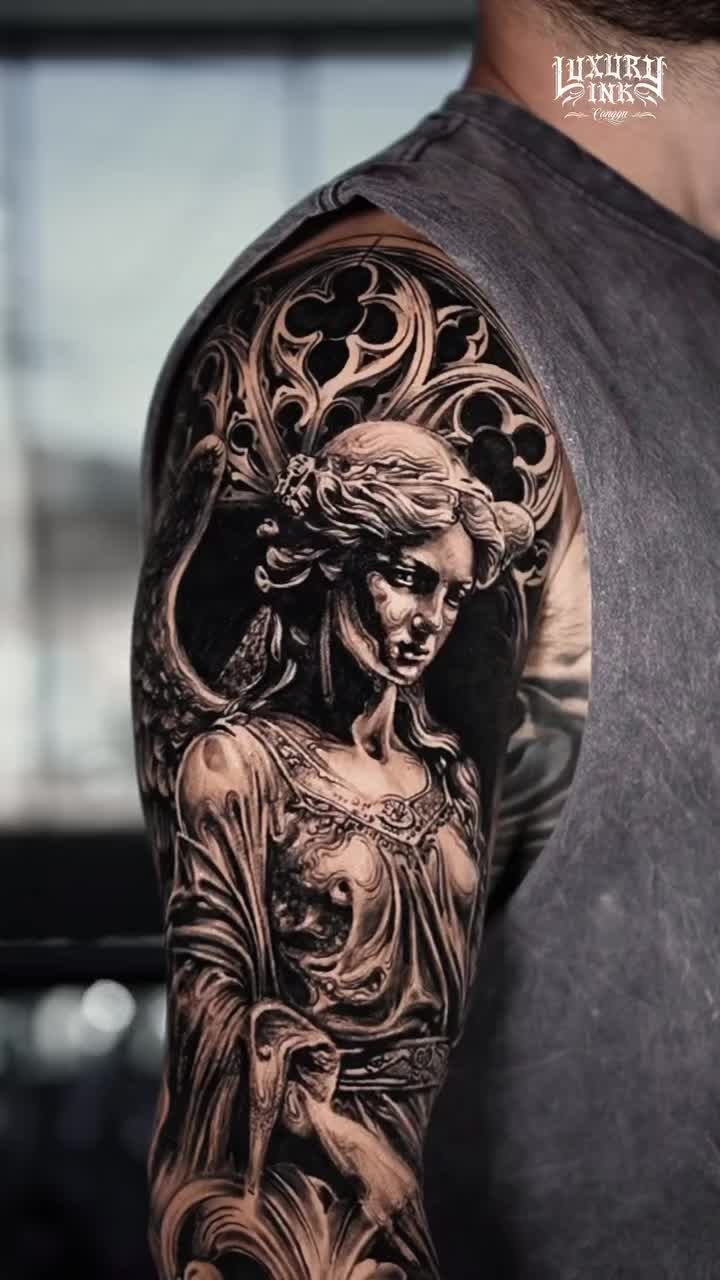 Elegant Angelic Goddess Upper Arm Tattoo