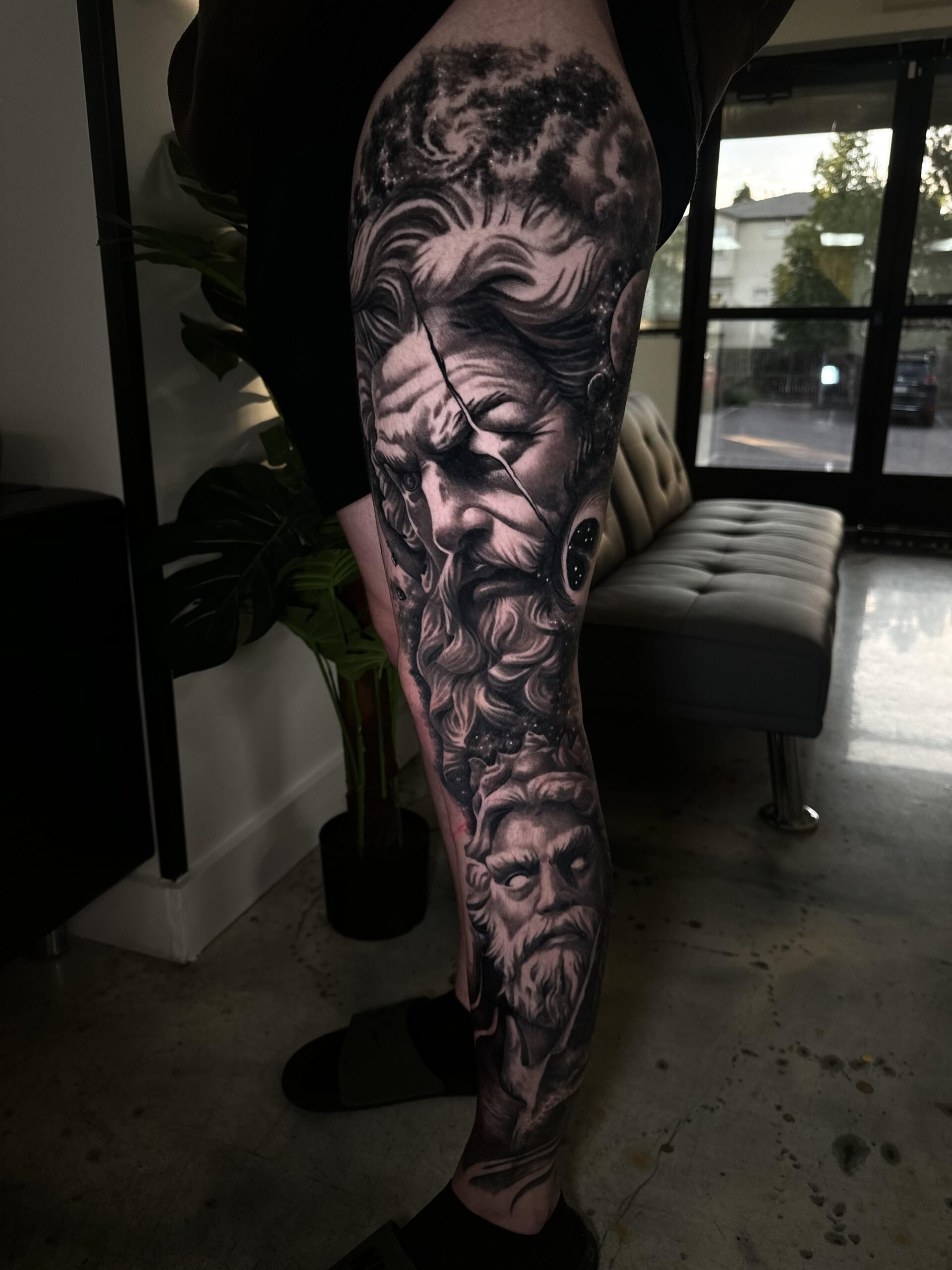 Majestic Zeus Leg Sleeve Tattoo