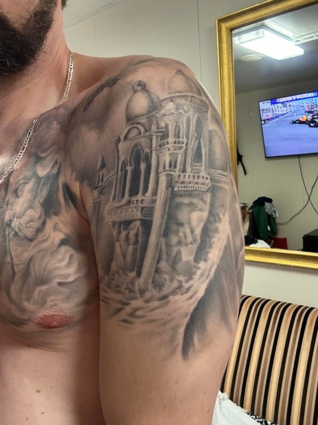 Epic fantasy architectural shoulder tattoo