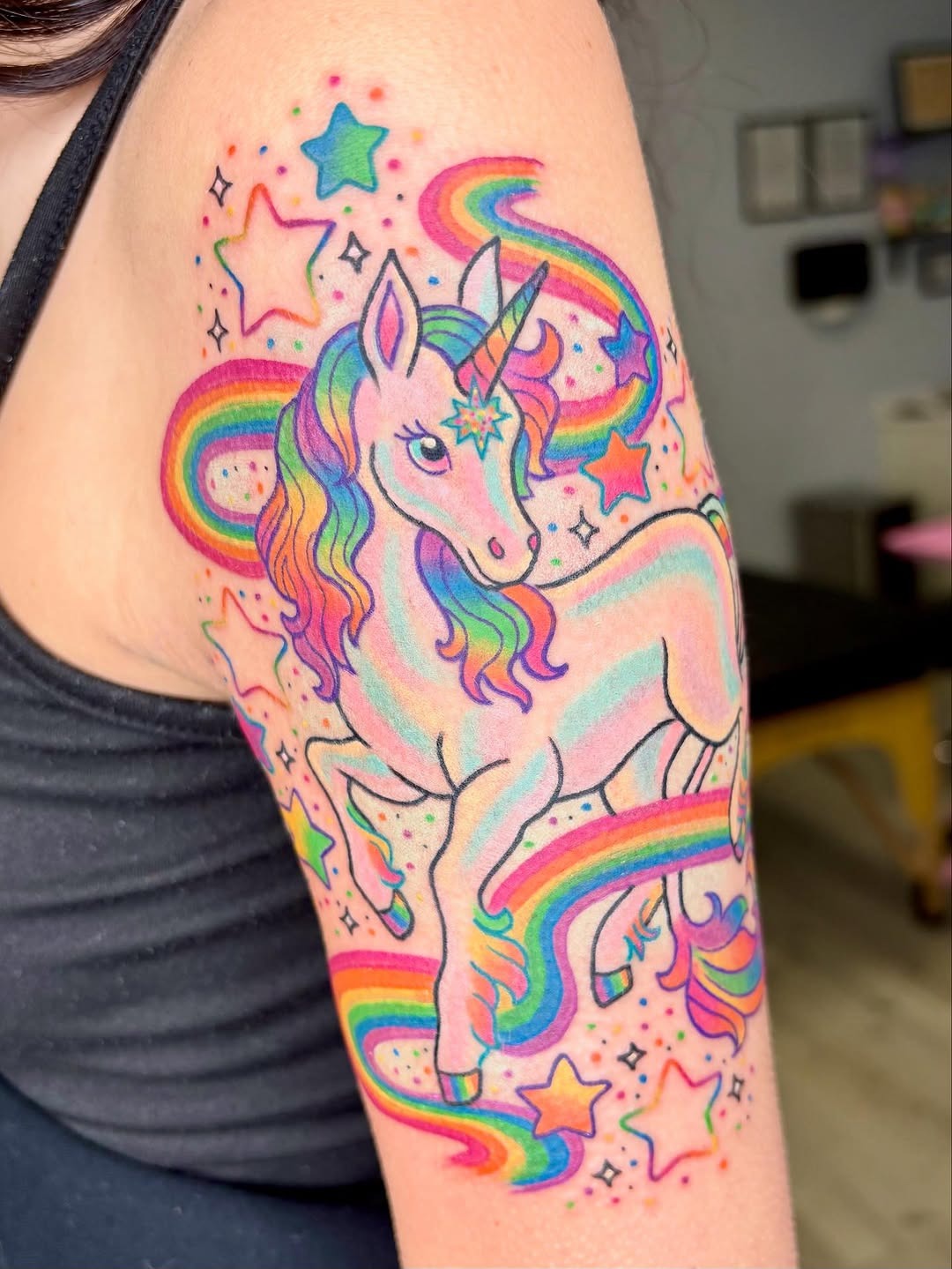 Bright Neon Rainbow Unicorn Tattoo