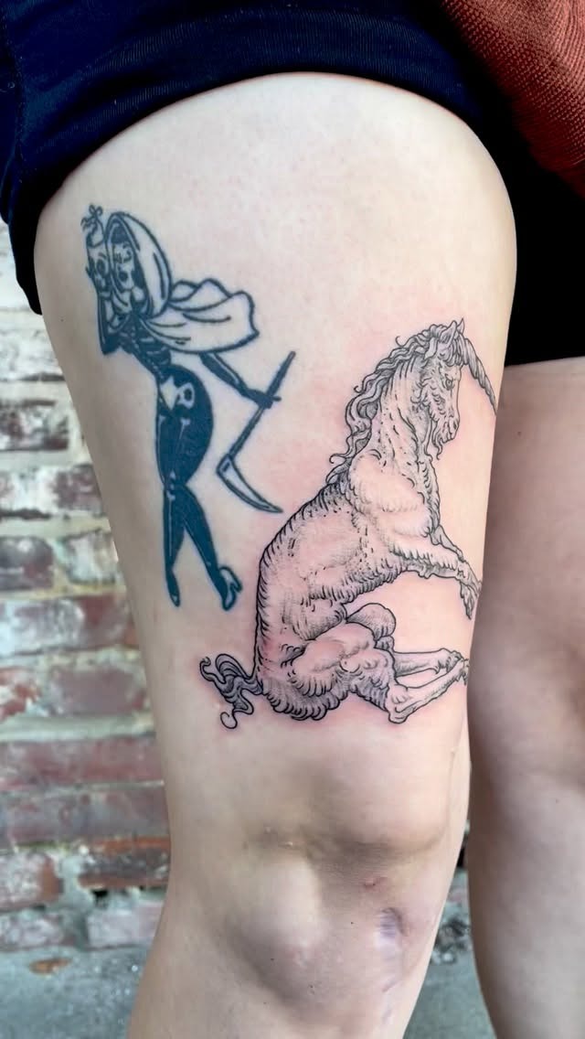 Dark Fantasy Unicorn and Reaper Tattoo