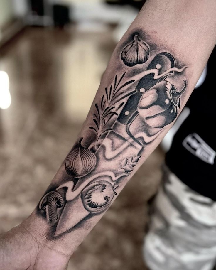 Artistic Culinary Herb and Knife Tattoo