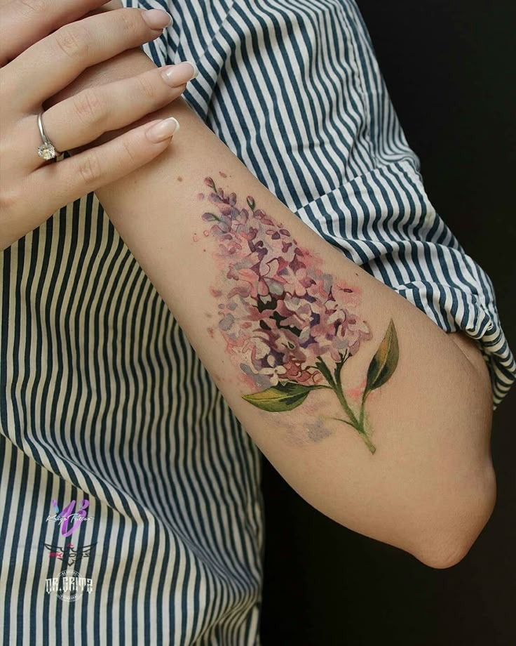 Delicate Watercolor Lilac Arm Tattoo