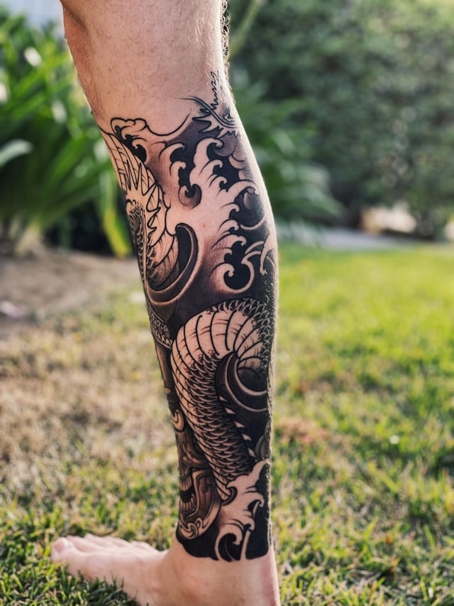 Detailed Japanese Koi Leg Tattoo