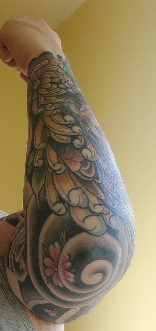 Classic Japanese Chrysanthemum Sleeve Tattoo