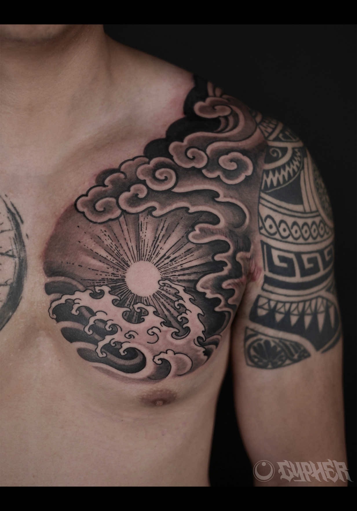 Dynamic Japanese Sun and Wave Chest Piece
