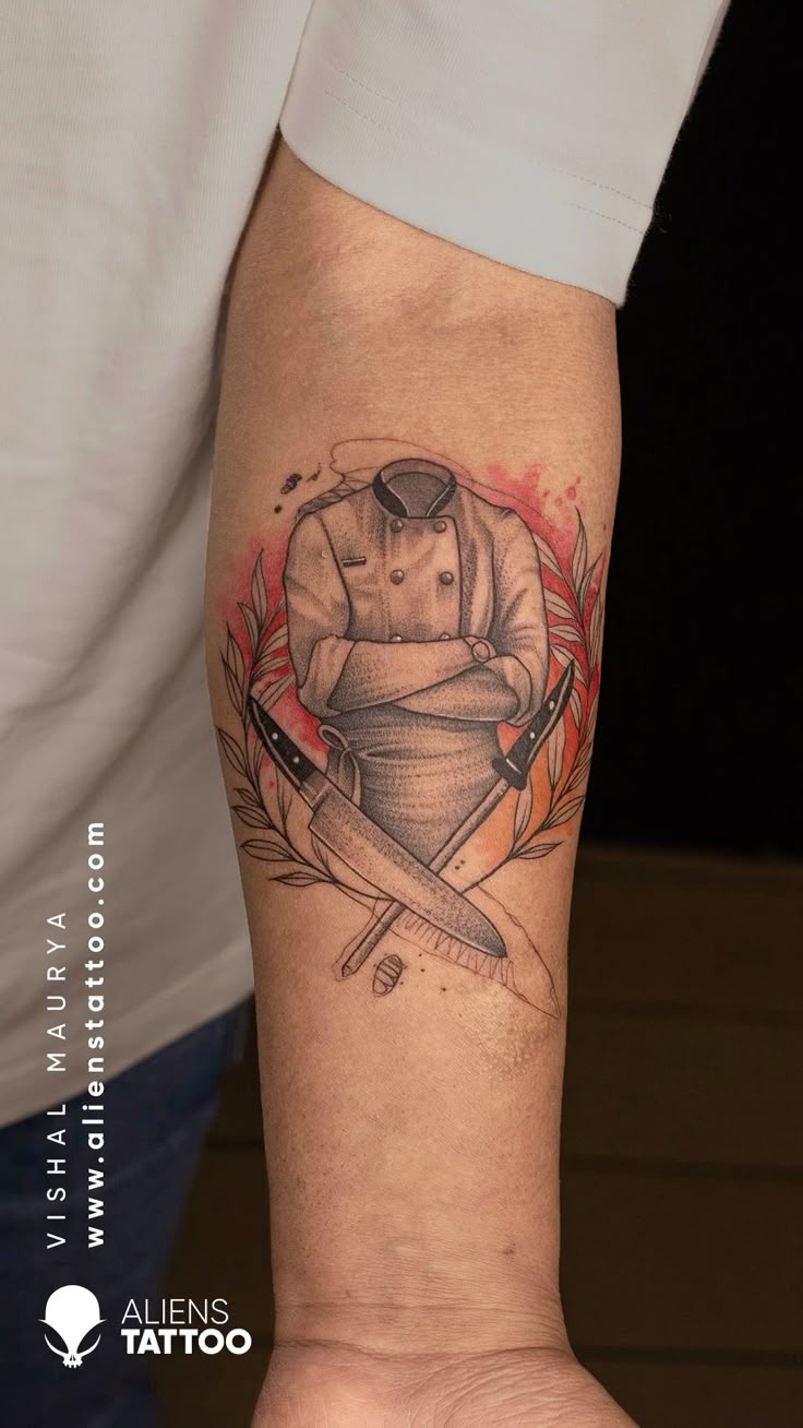 Professional chef uniform and knife tattoo design