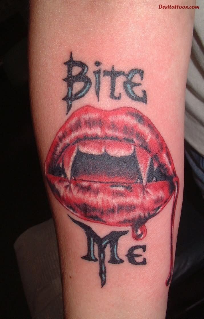 Bold vampire lip bite me tattoo design