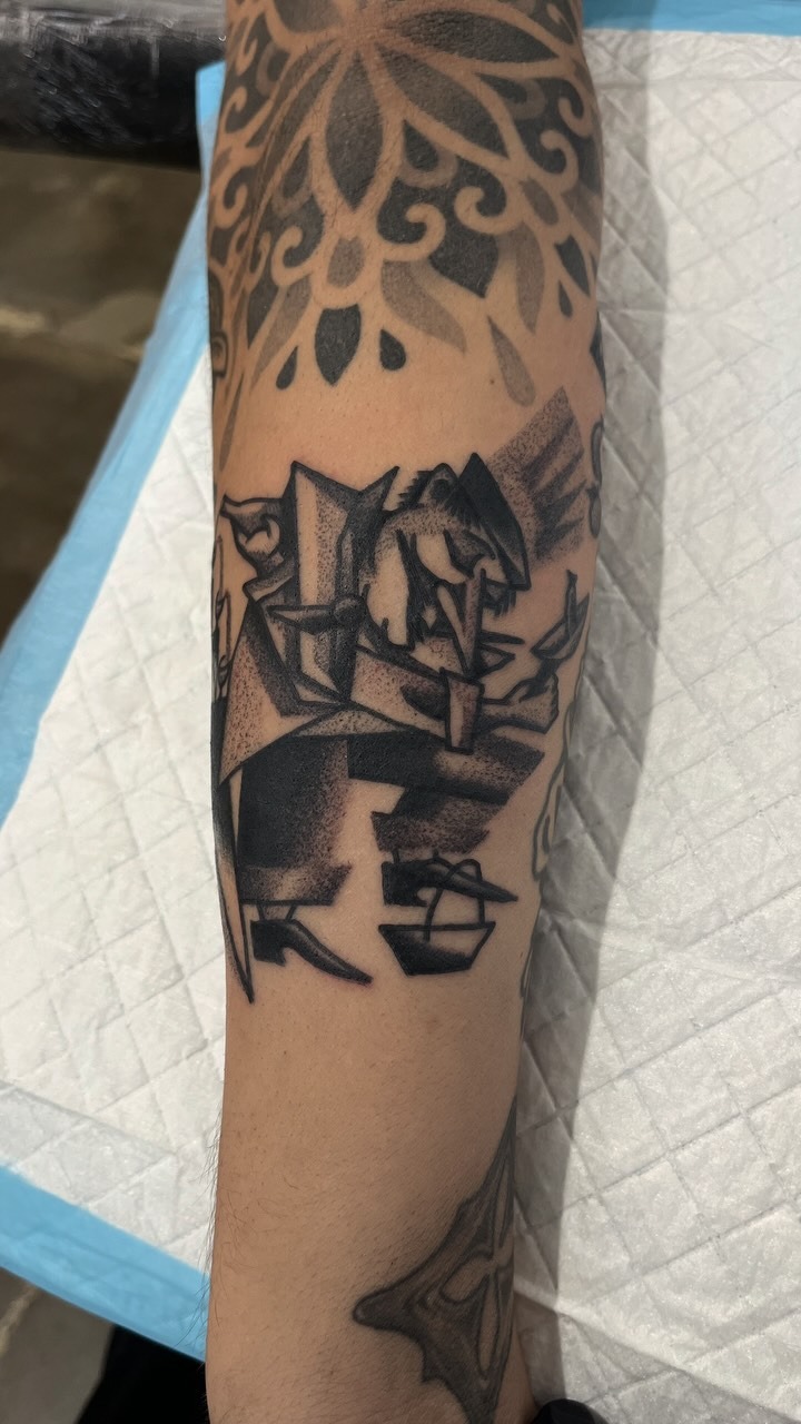 Black and grey linework chef tattoo