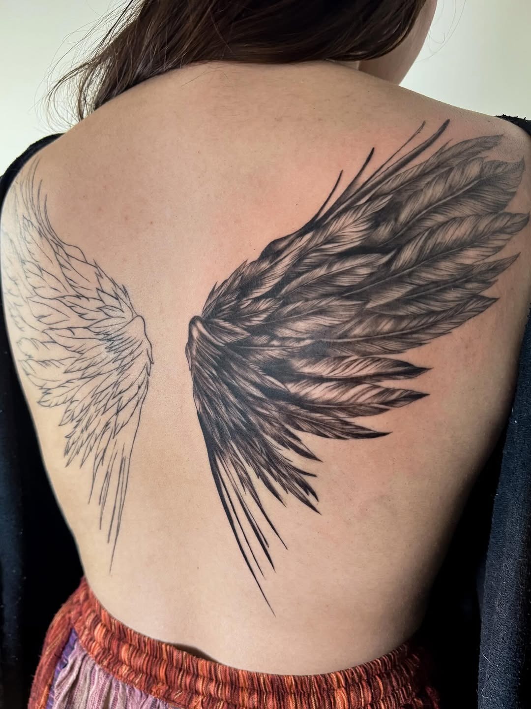 Artistic Half-Shaded Wing Tattoo