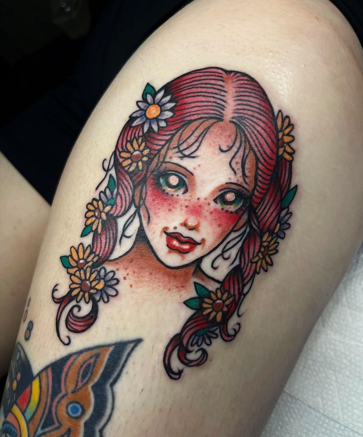 Floral portrait traditional tattoo design