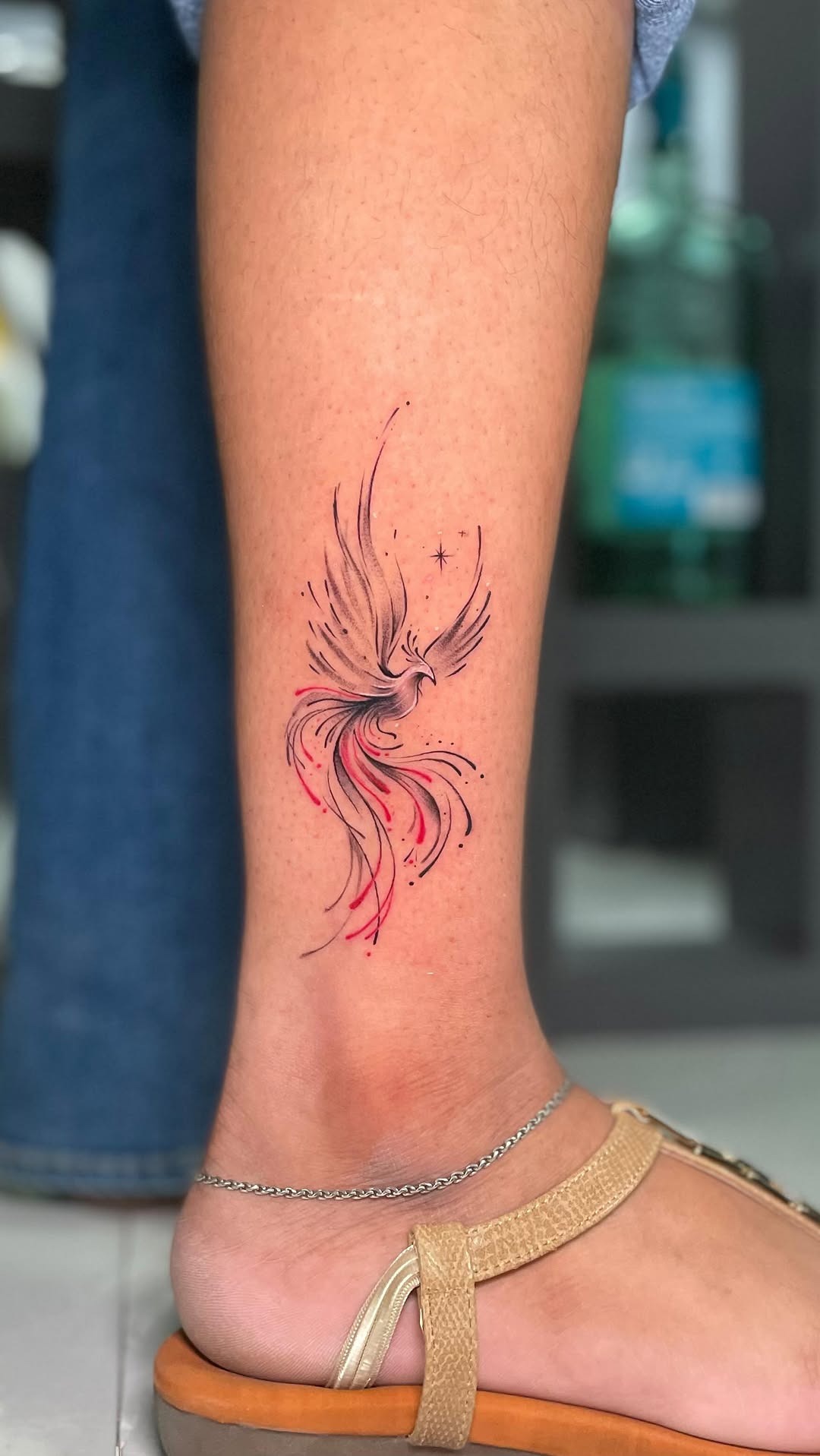 Dainty Red Phoenix Ankle Tattoo