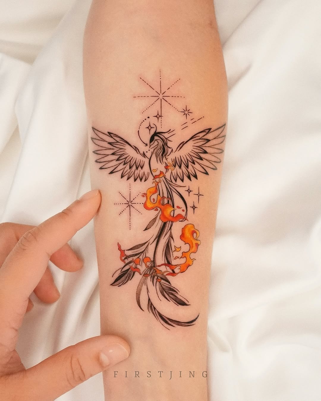 Delicate Fine Line Phoenix Tattoo