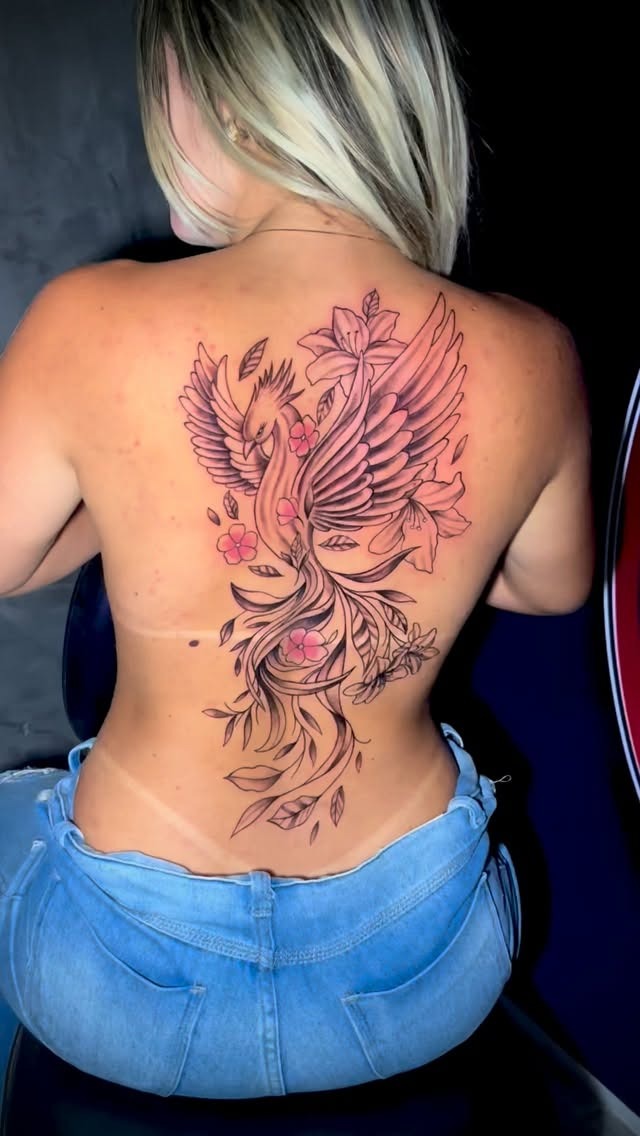 Elegant Floral Phoenix Back Tattoo