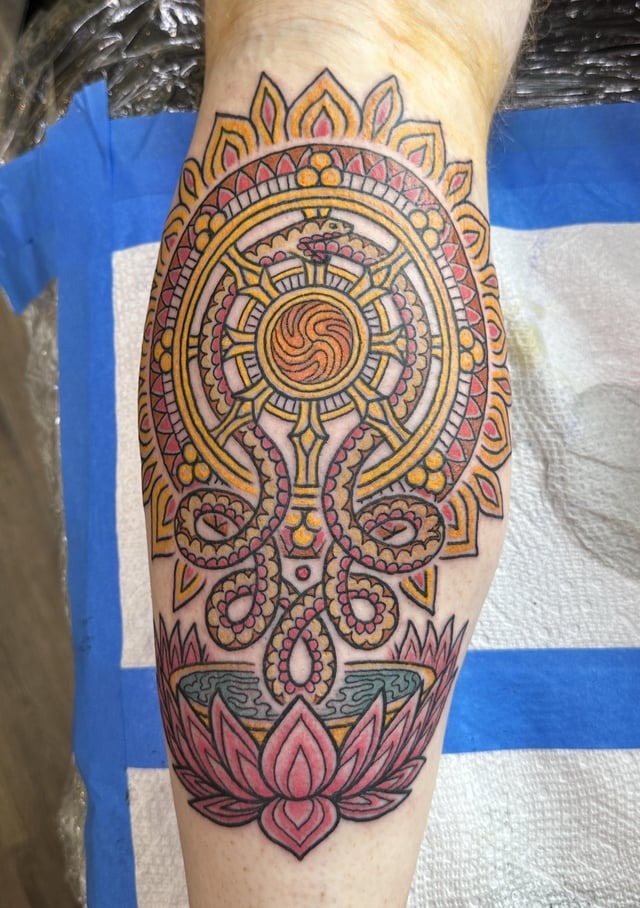 Colorful Stylized Mandala Leg Tattoo