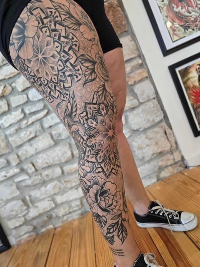 Stunning Full-Leg Mandala Floral Tattoo