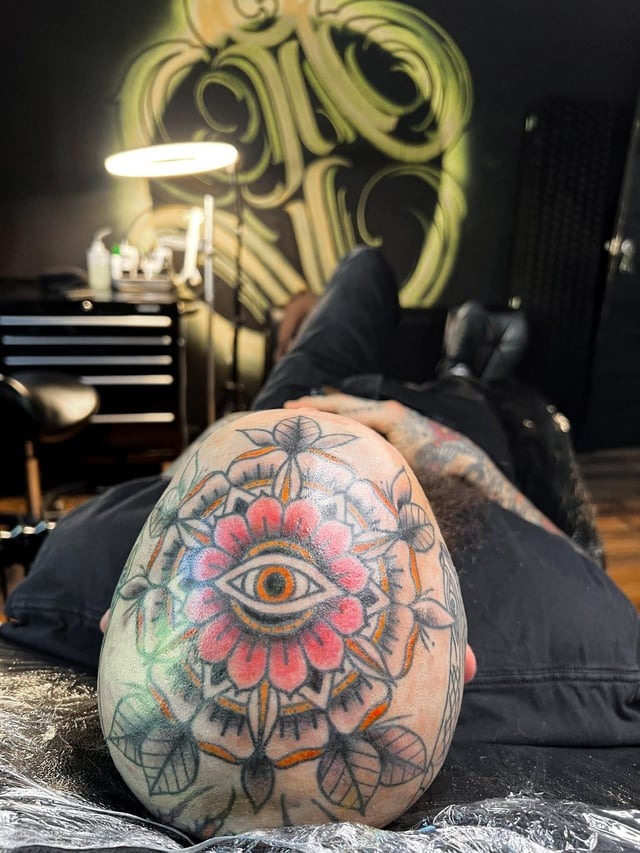 Vibrant Spiritual Mandala Head Tattoo