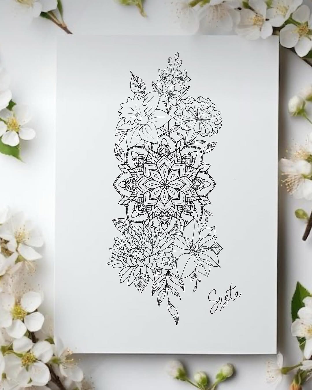 Elegant Floral Mandala Tattoo Stencil