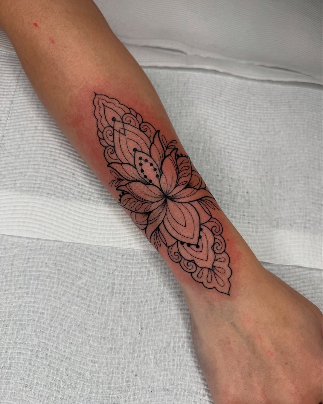 Fine Line Mandala Forearm Tattoo