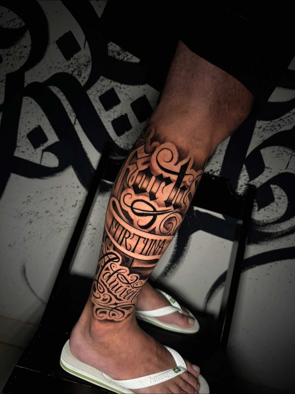 Edgy Stylized Leg Tattoo Design