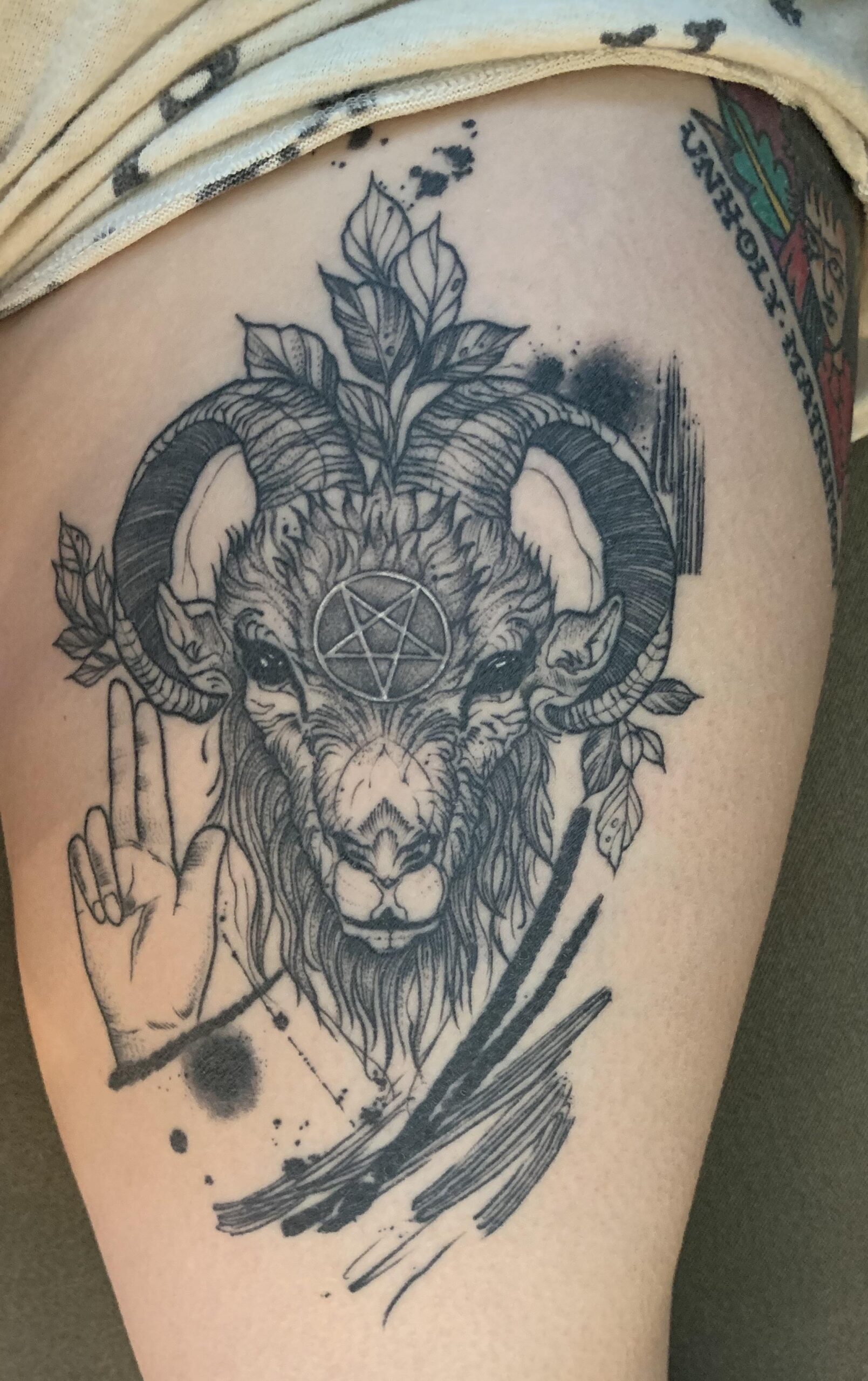 Botanical Baphomet Detailed Thigh Tattoo