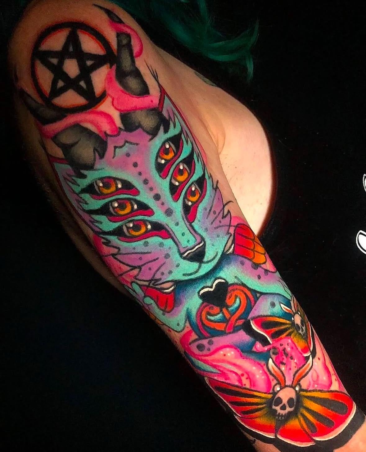 Trippy Neon Baphomet Tattoo Design