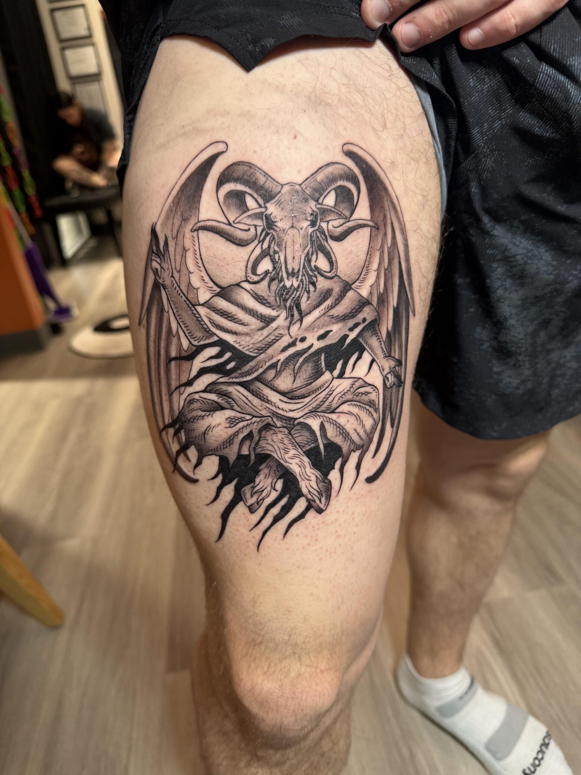 Bold Baphomet Thigh Piece Tattoo