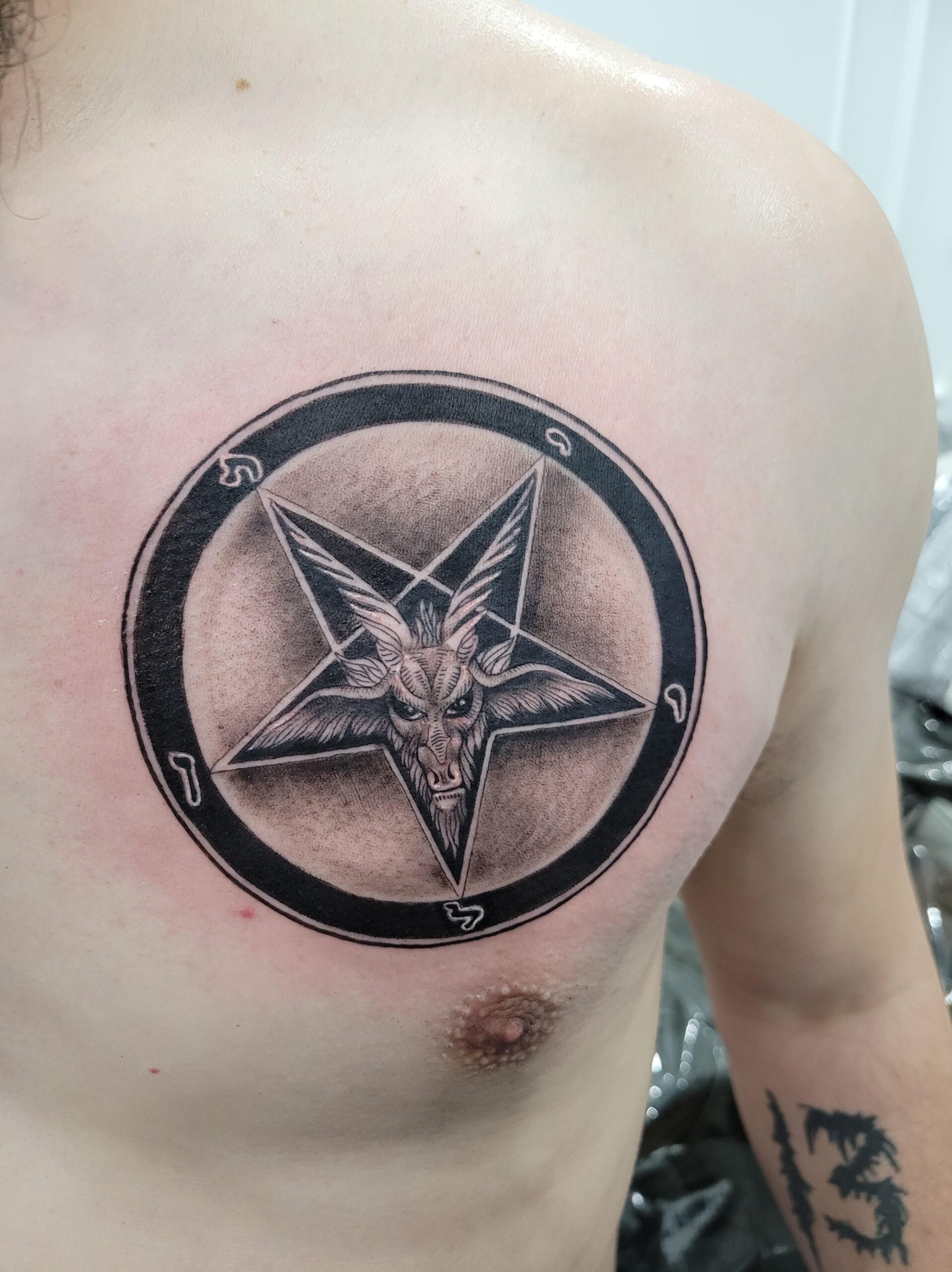 Minimalist Baphomet Pentagram Chest Tattoo