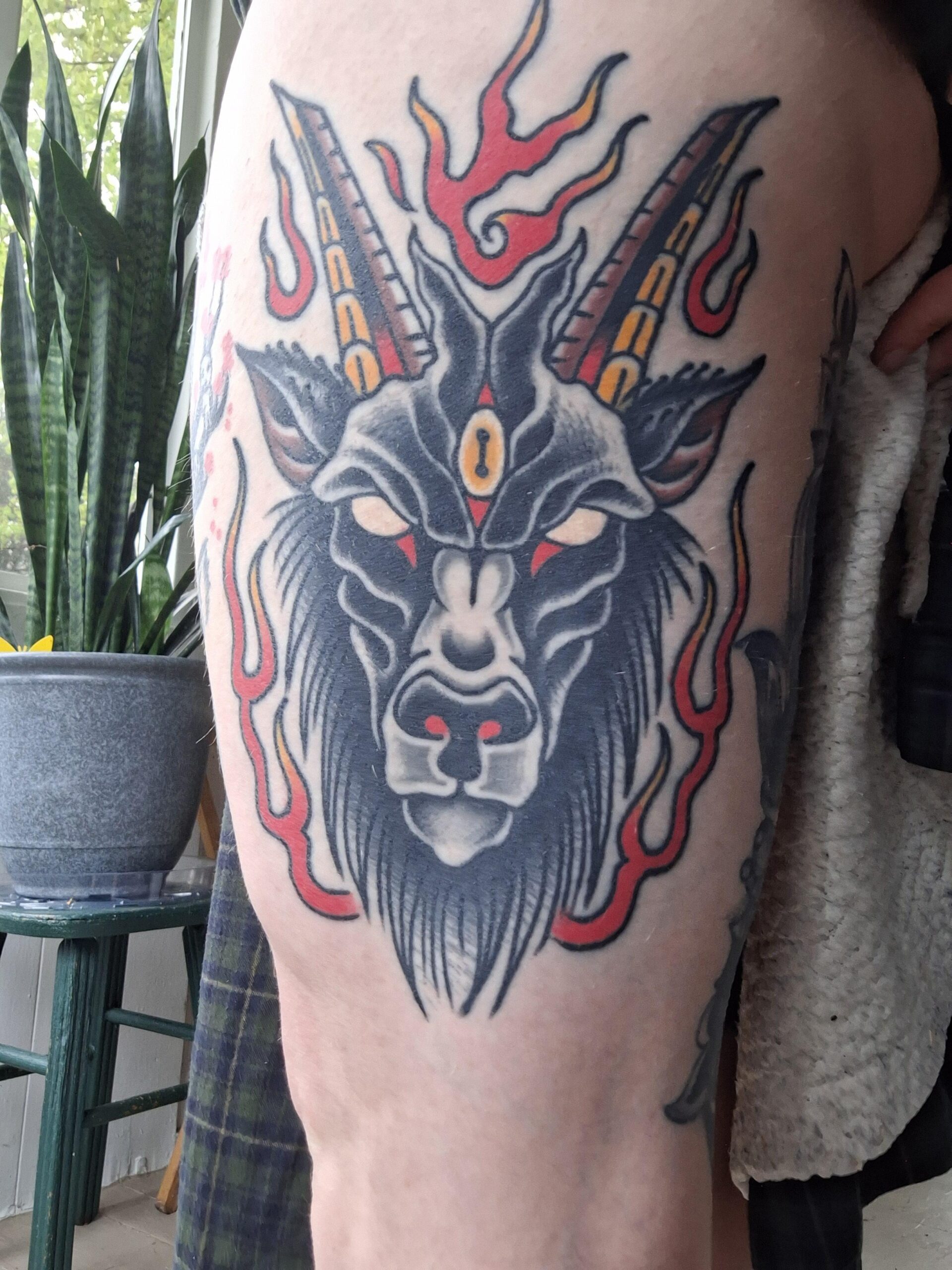 Traditional Style Baphomet Thigh Tattoo