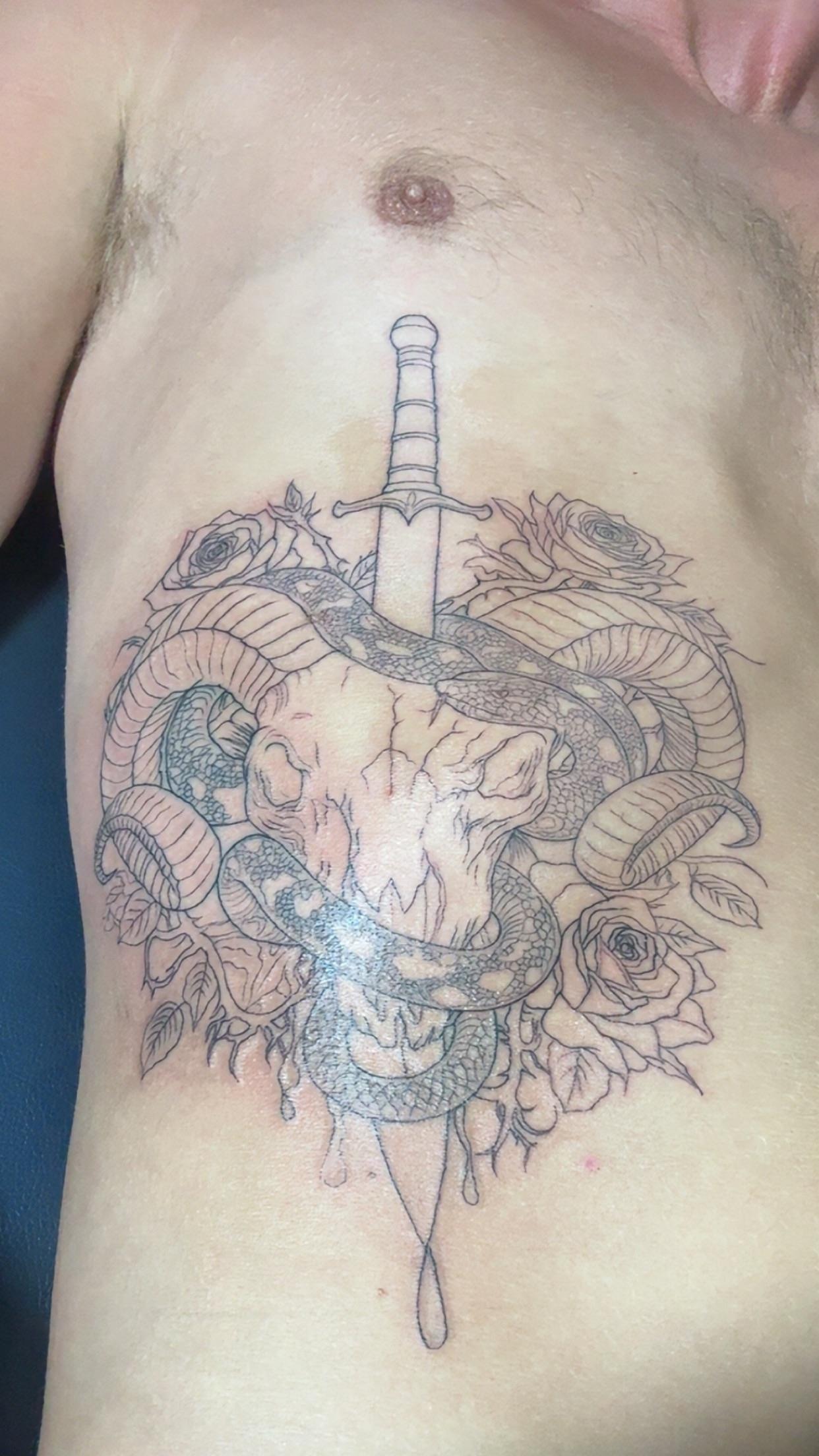 Intricate Ram Skull and Snake Outline Tattoo