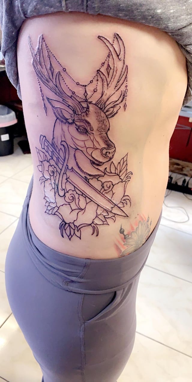 Intricate Deer Outline Side Tattoo