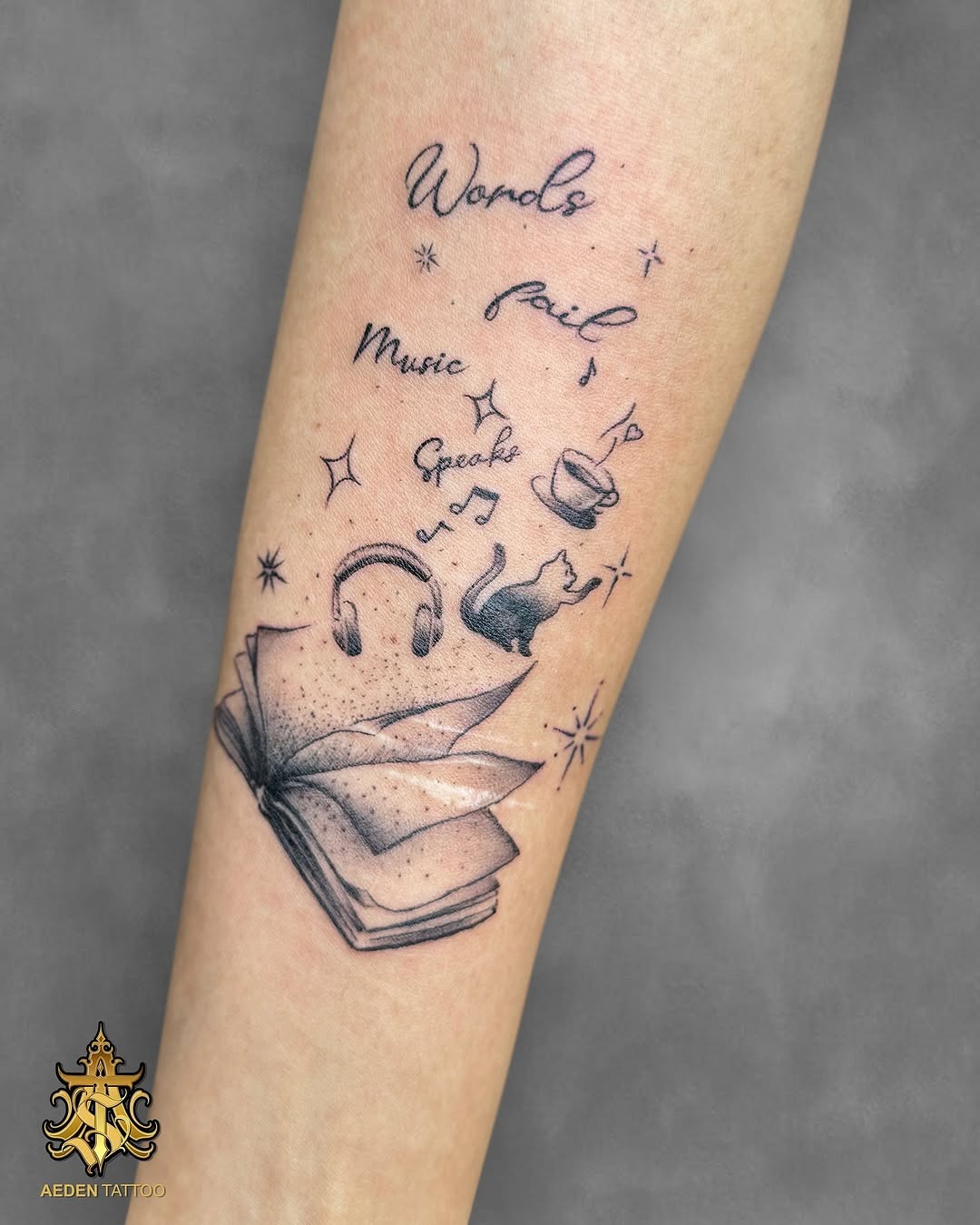 Minimalist Book and Music Quote Tattoo