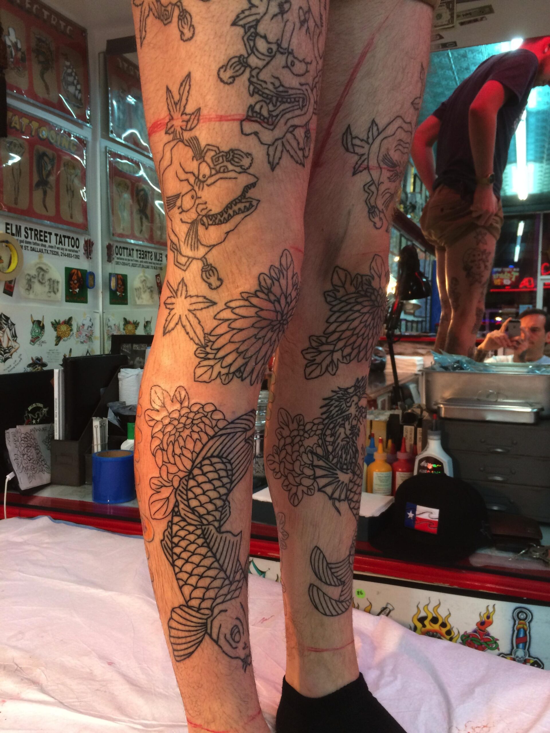 Intricate Koi and Floral Leg Outline