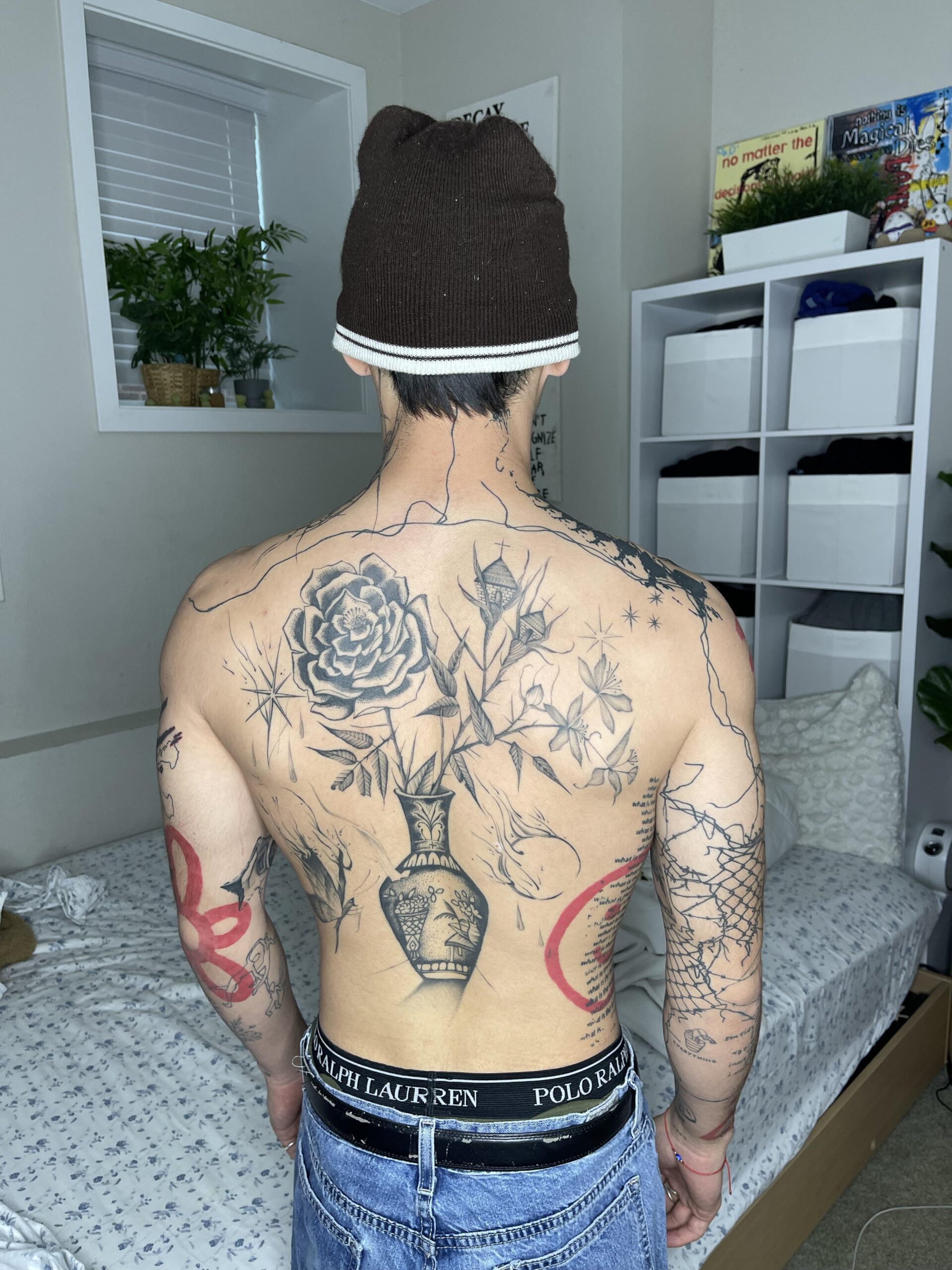 Detailed Floral Back Outline Tattoo