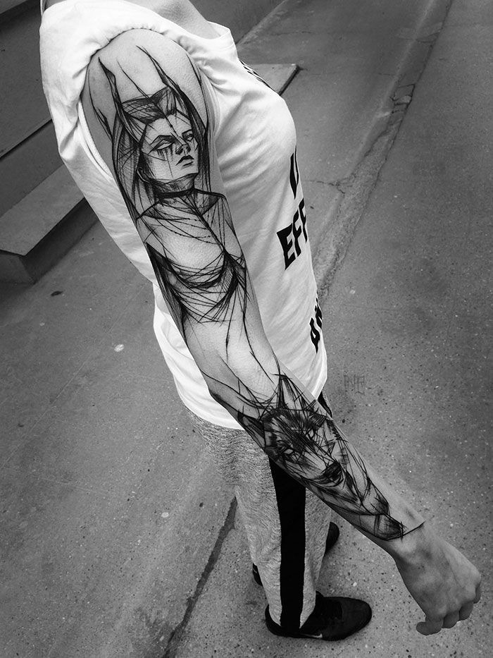 Avant-Garde Sketch Style Sleeve Tattoo