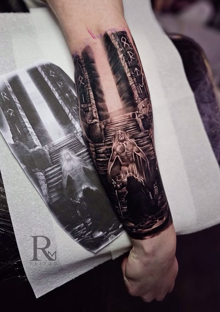 Epic Valhalla gate forearm tattoo