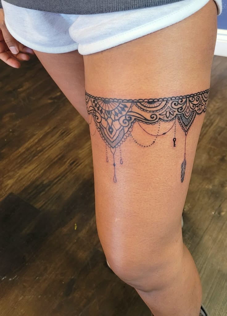 Delicate Lace Thigh Band Tattoo