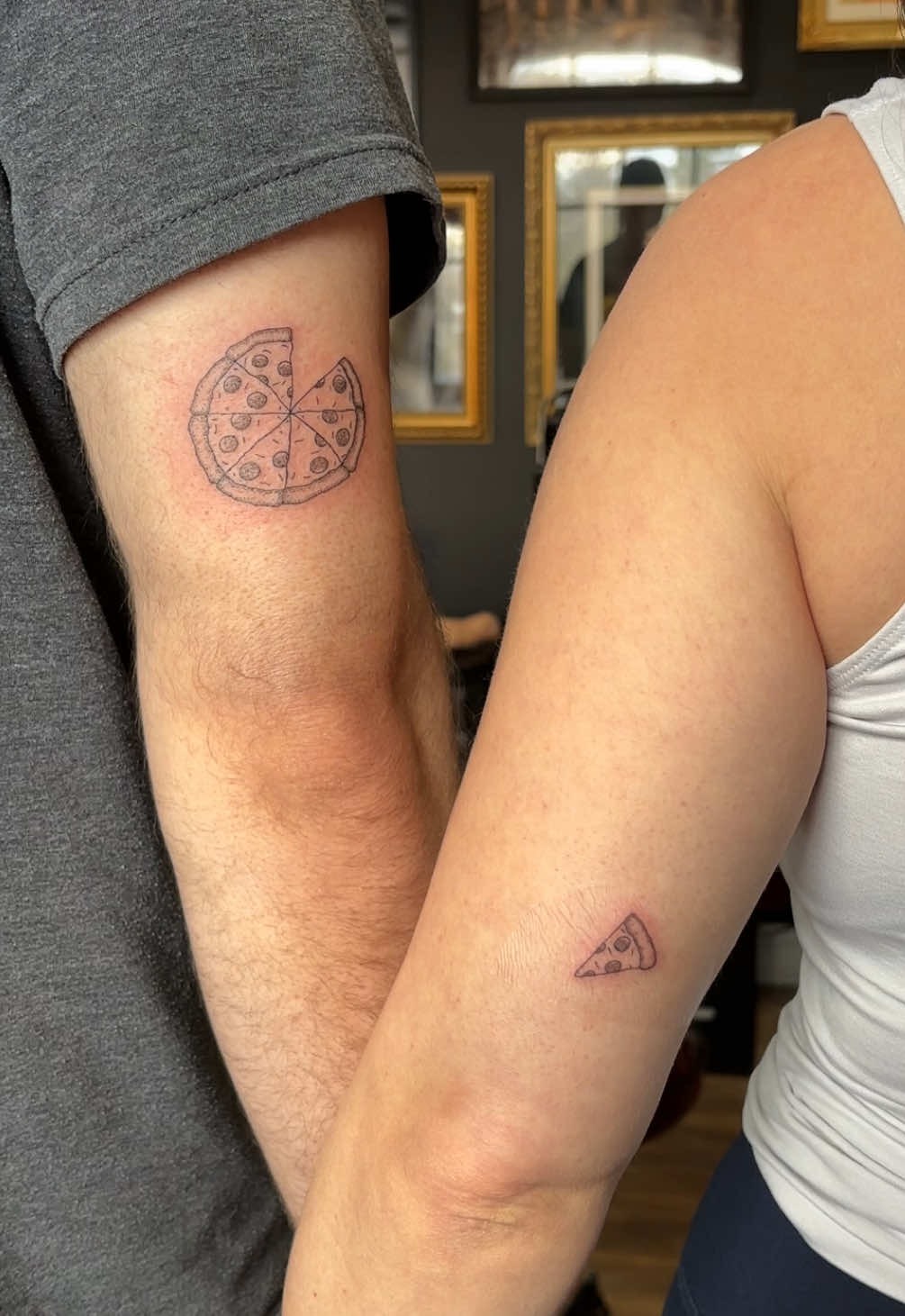 Fun and cute matching pizza slice tattoos