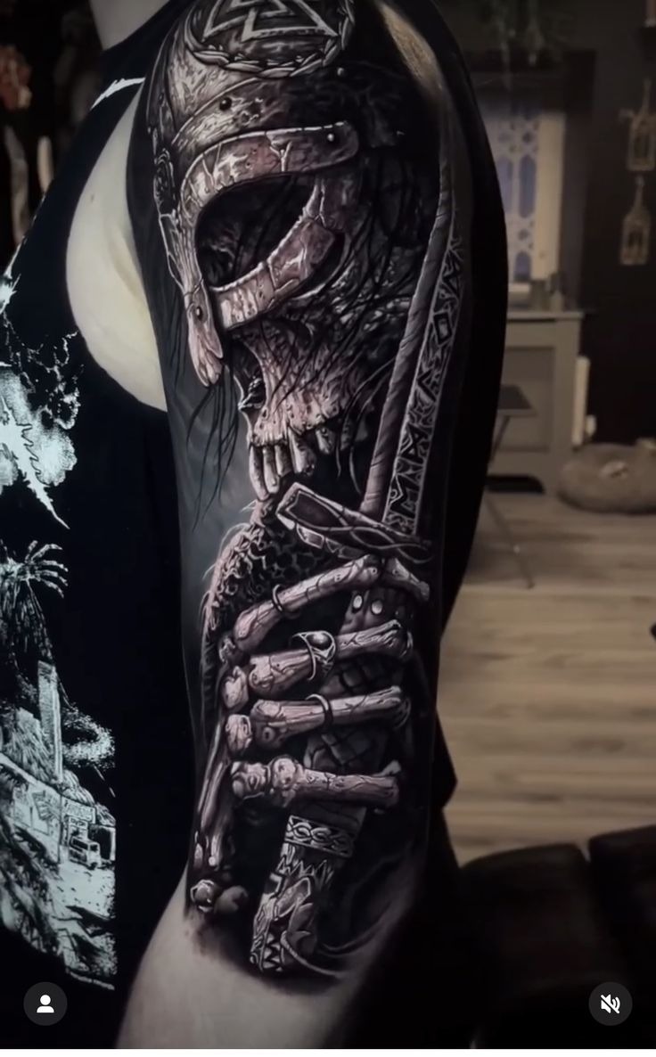 Dark fantasy Viking warrior sleeve tattoo