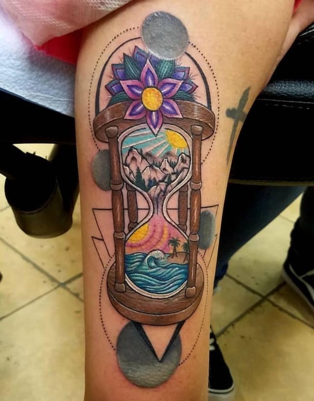 Vibrant Surrealist Hourglass Tattoo Art