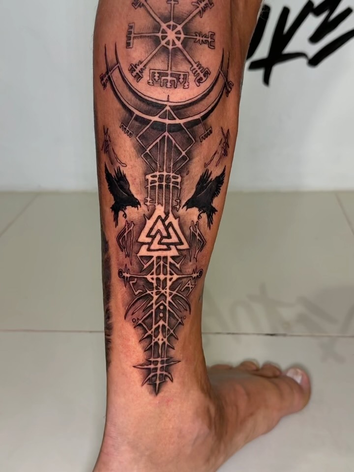 Intricate Norse Symbolism Leg Tattoo