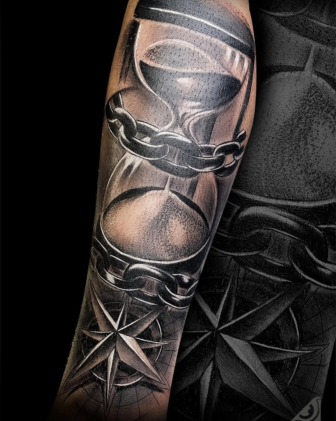 Steampunk inspired compass and hourglass tattoo