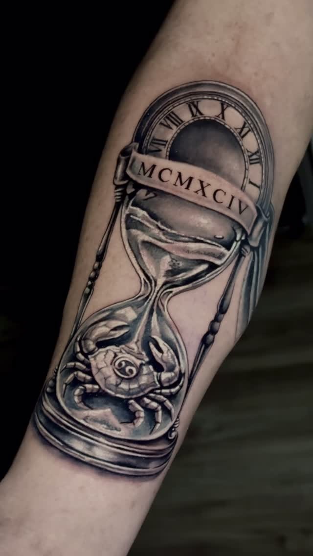 Custom Zodiac Hourglass Forearm Tattoo