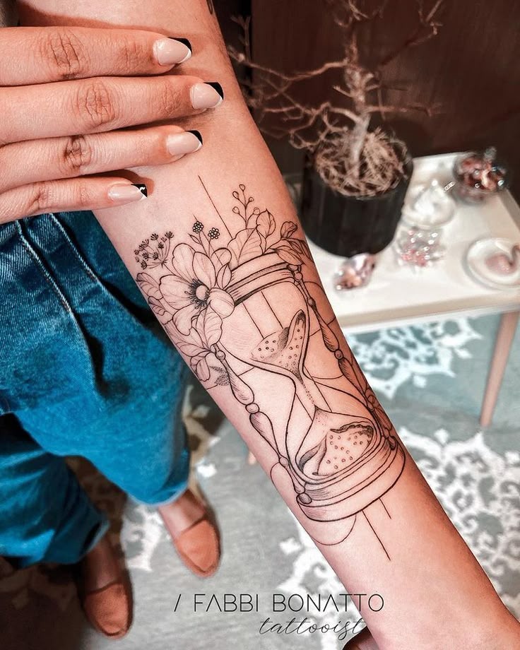 Delicate Floral Hourglass Forearm Tattoo