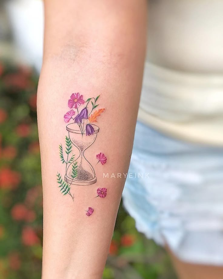 Minimalist Colorful Hourglass Botanical Tattoo