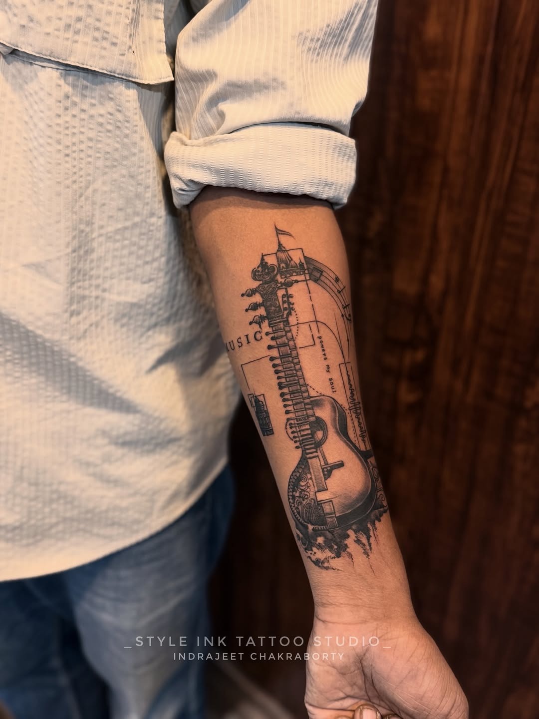 Detailed Sitar Music Tattoo