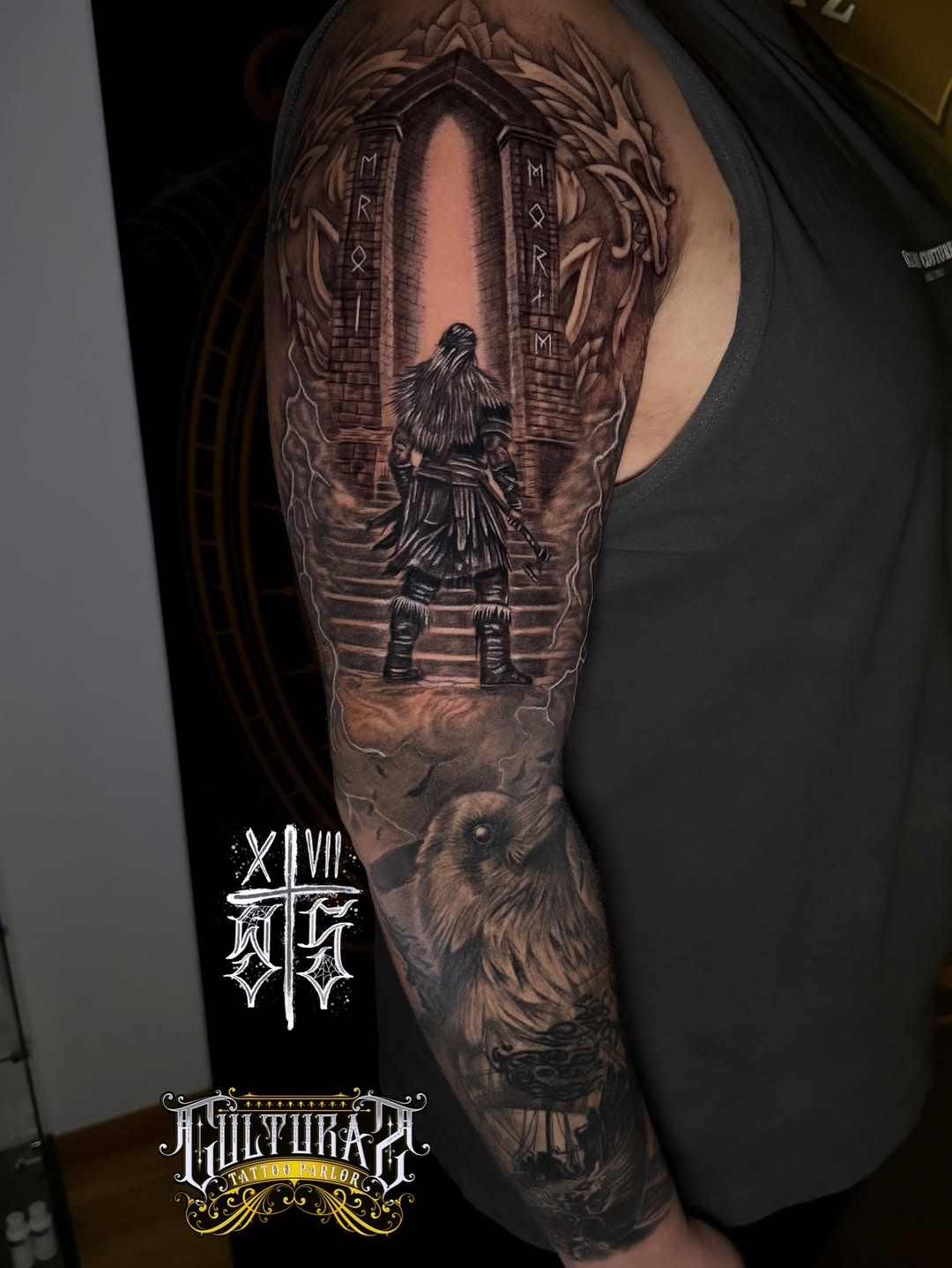 Intricate Valhalla Gate Sleeve Tattoo