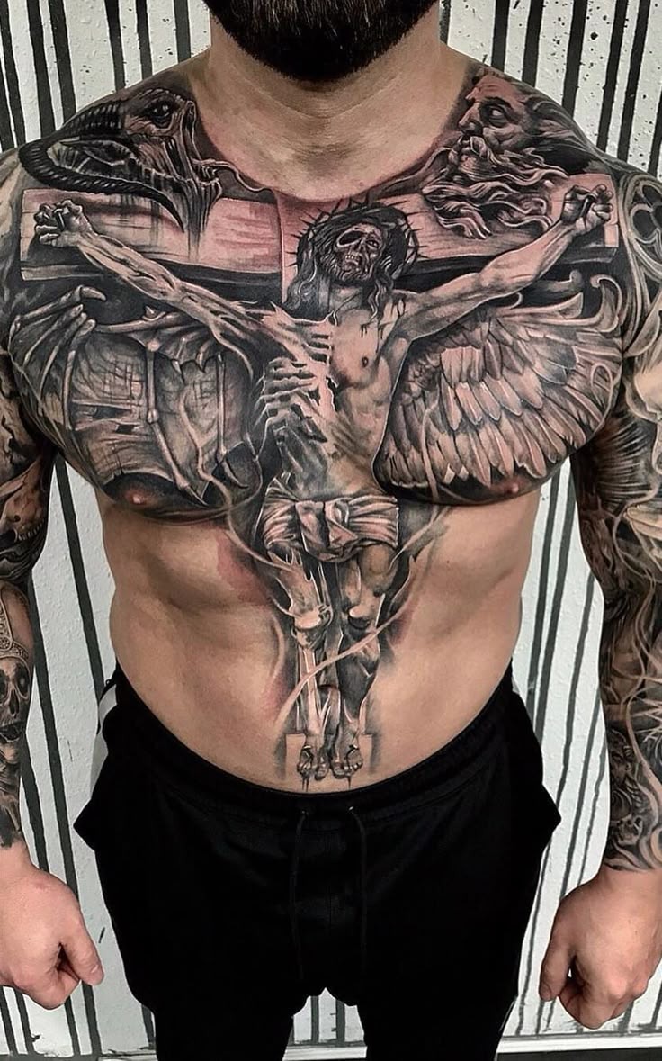 Dramatic Religious Chest Tattoo